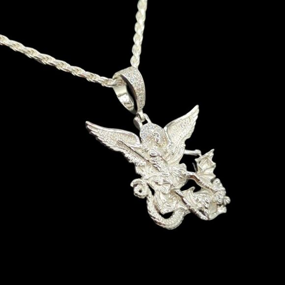 S925 Rhodium Finish St. Michael Angel - S925 Sterling Silver Rope Chain. - Picture 2 of 12